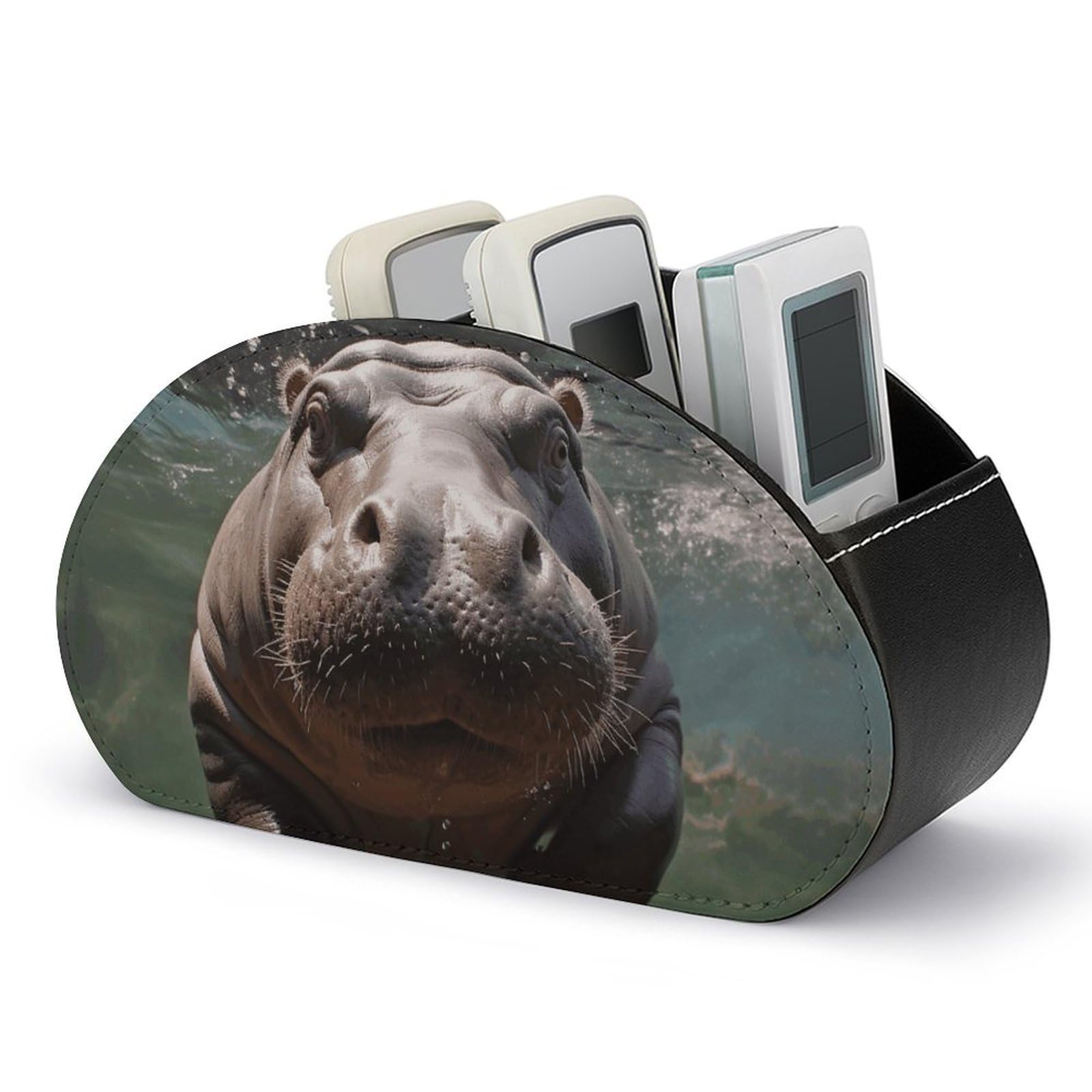 VstaDank Diving Hippo Remote Control Holder with 5 Compartments PU Leather Remote Caddy Desktop Organizer Store TV Remote Control Storage Box for Home Office Desk Nightstand