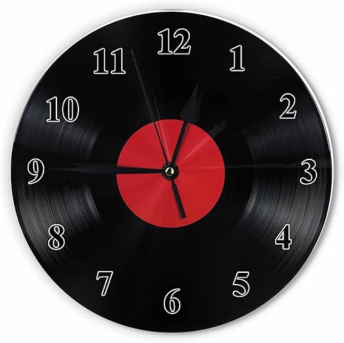 Record - Reloj de pared vintage redondo de 10 pulgadas, funciona con pilas, disco negro con etiqueta roja en blanco, música retro, cuarzo