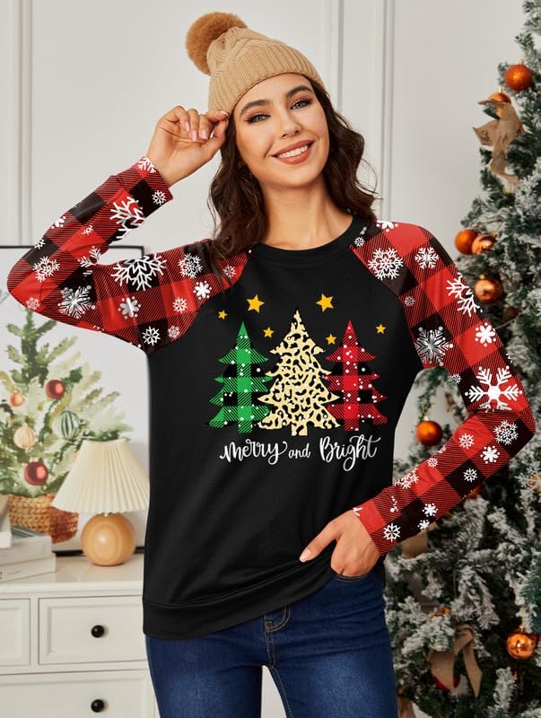 Christmas Womens Letter Print Raglan Shirt Long Sleeve Sweatshirt Buffalo Plaid Snowflake Tree Merry and Bright XXL