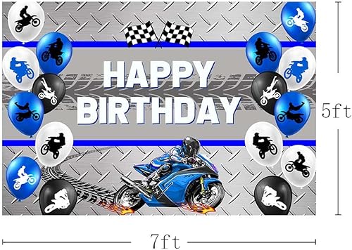 Miniatura 2 de AIBIIN Telón de fondo azul de cumpleaños de motocicleta de 7 x 5 pies para niños, globo de carreras de motocross, decoración de fiesta de