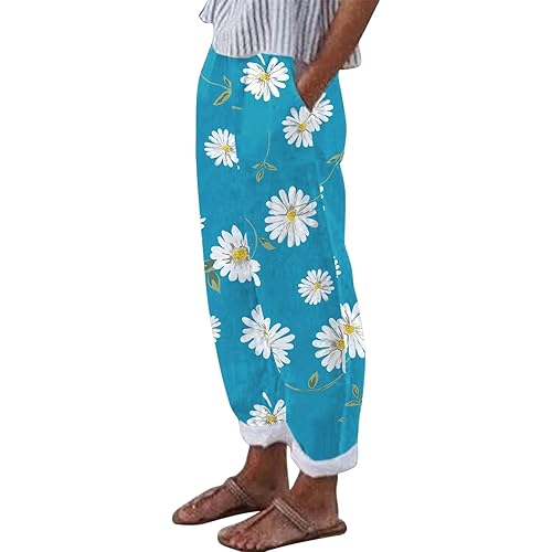 Casual Pants for Women Striped Elastic Waist Summer Trendy Pants Baggy Straight Leg Trousers with Pocket