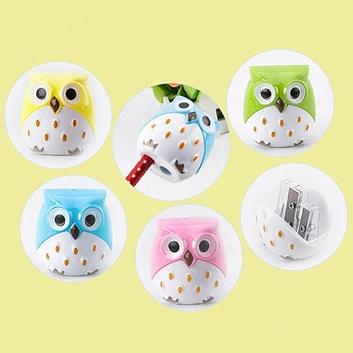 Miniatura 5 de Sacapuntas de color aleatorio, diseño de búho de animales de dibujos animados, doble agujero, papelería creativa, premio escolar, sacapuntas para