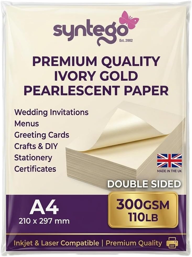 A4 Pearlescent Card โ 290gsm / 107lb Double-Sided Metallic Cardstock for Invitations, Certificates, Crafts, Wedding Stationery & Professional Printing (10, Ivory Gold)