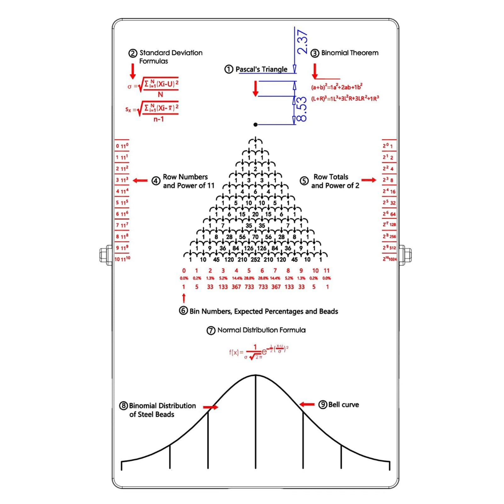 Lavagna Galton da scrivania, strumento didattico for laboratorio di fisica, strumento sperimentale for leggi statistiche efficaci, modello matematico di distribuzione normale con curva a campana