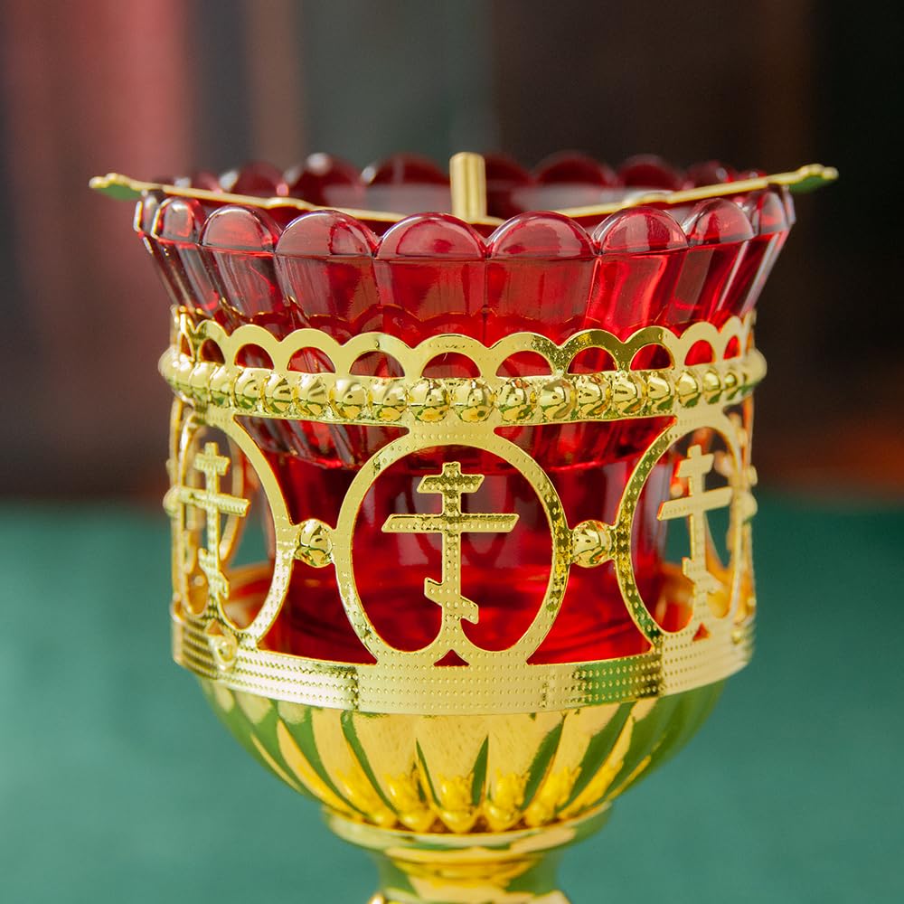 Lampada ortodossa per chiesa ortodossa, portacandele ortodossa placcata oro con tazza di vetro rosso, lampada a olio con design a croce a 3 barre per preghiera domestica, culto della chiesa
