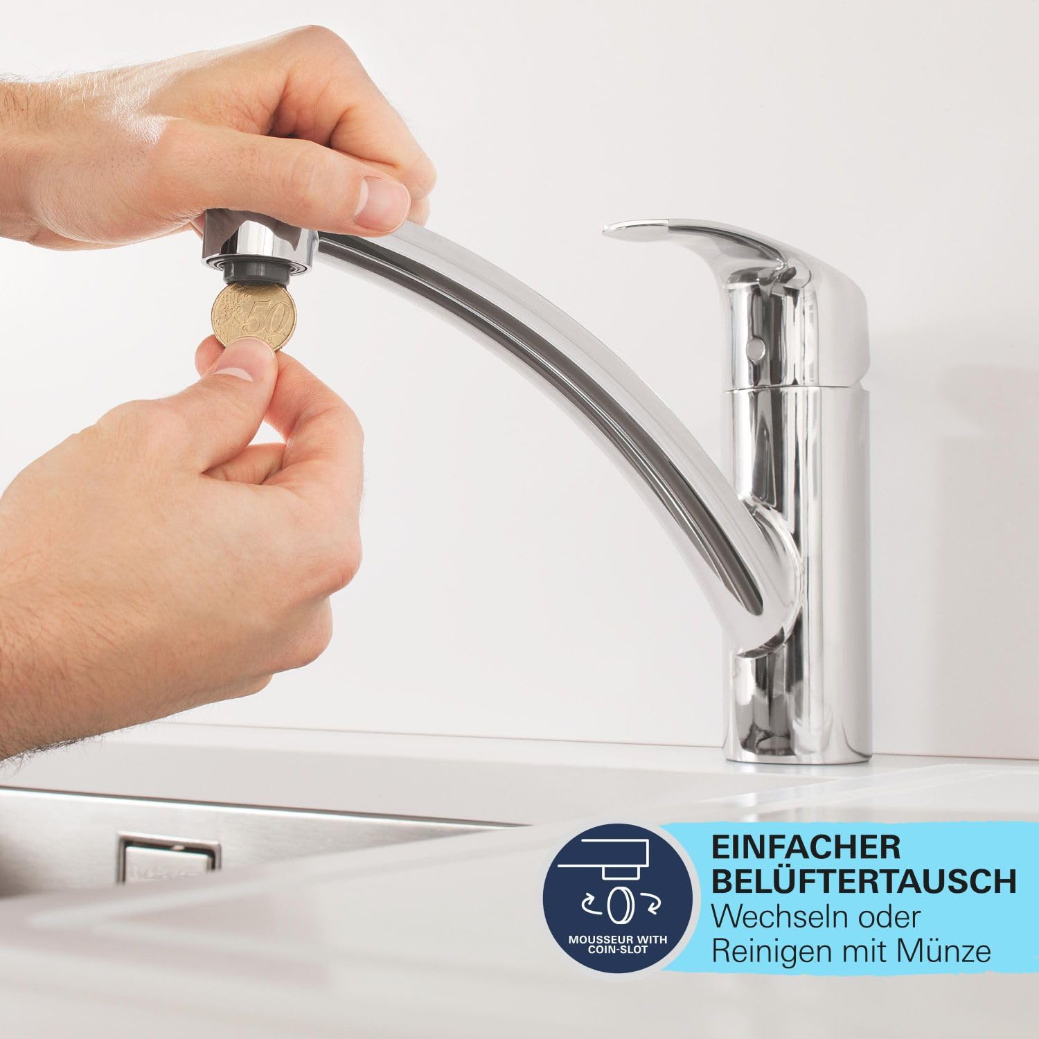GROHE Start, Küchenarmatur mit flachem Auslauf (Wasserhahn für die Küche, 140° schwenkbar, wassersparend dank variabler Mengenbegrenzung, werkzeugfreie Spülbecken-Montage), schwarz, 324412432