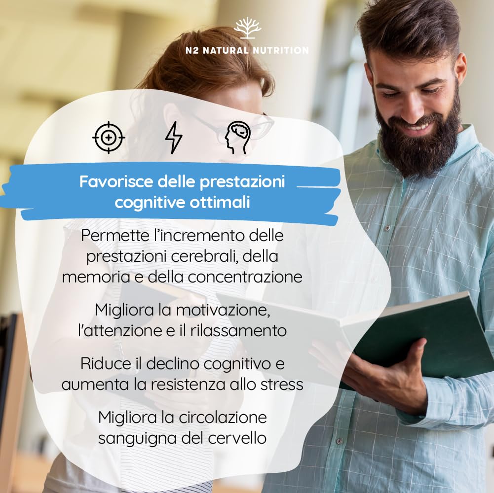 Nootropico Naturale con Ginkgo Biloba 1140mg + Caffeina + Bacopa Monnieri. Integratore Concentrazione per Memoria con Vitamine, Aumenta Energia e Riduce Stress. Vegan 60 capsule. N2 Natural Nutrition