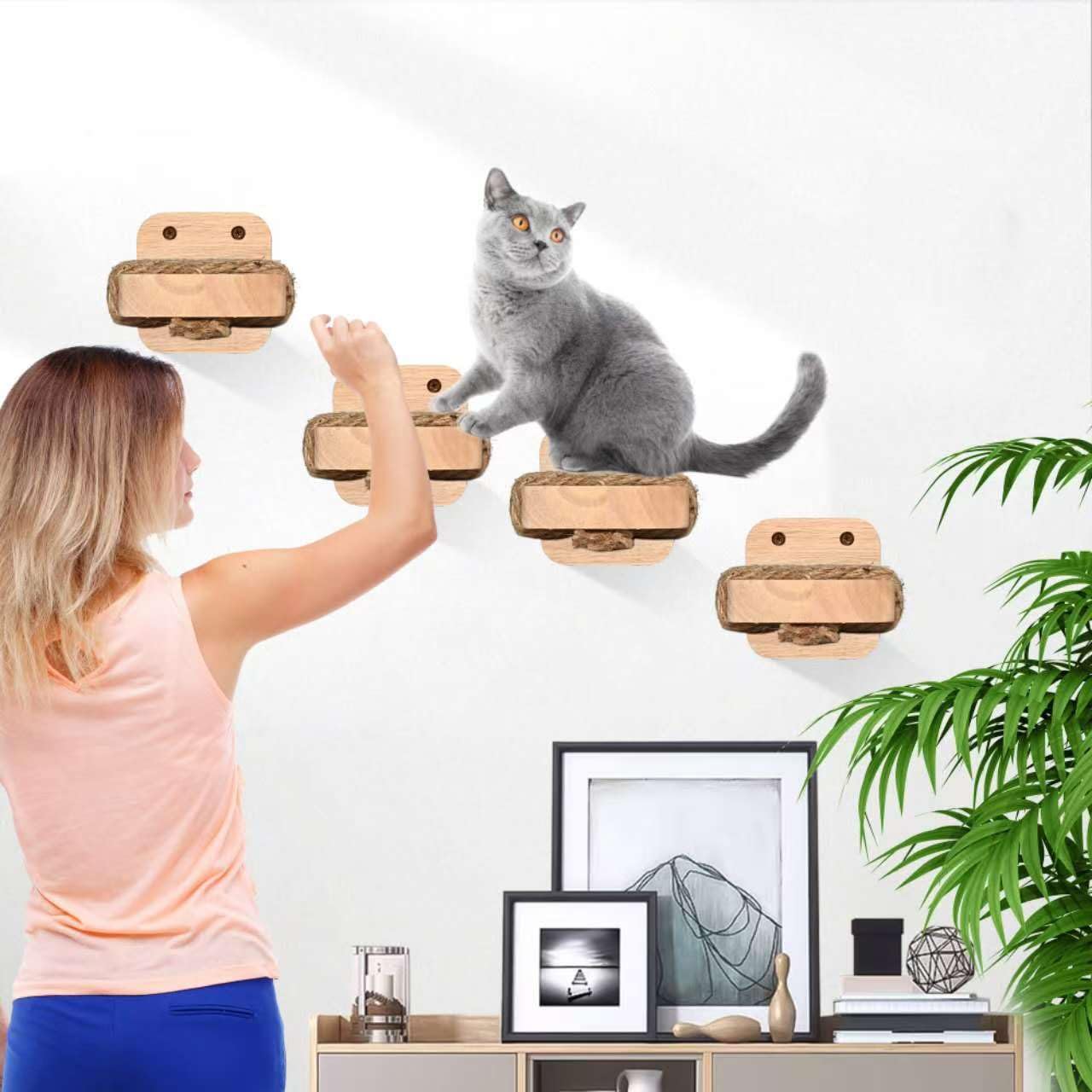 Katzentreppe Wand(1pcs), Kletterwand Katzen, Wandliege Katzen, mit Einlage-Handwerkskunst, aus 2cm Massives Gummiholz, für Katze Klettern Spielen, Maximale Tragfähigkeit 35kg