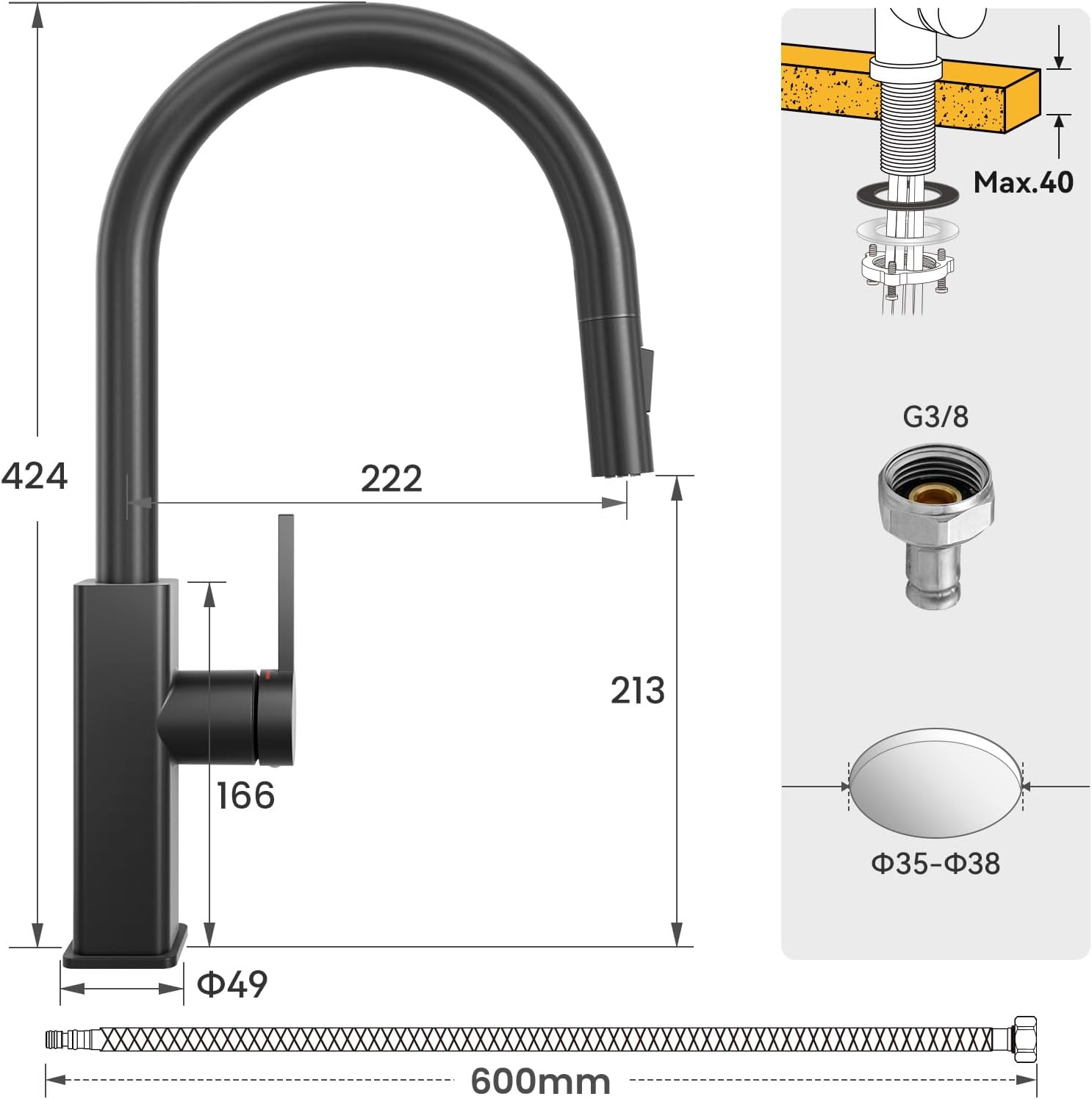 CECIPA Black Granite Sink 45 x 45 cm with Kitchen Tap, Extendable Stainless Steel Kitchen Set with 2 Tap Holes, Rectangular, Sink with Sink Tap, Black image 5
