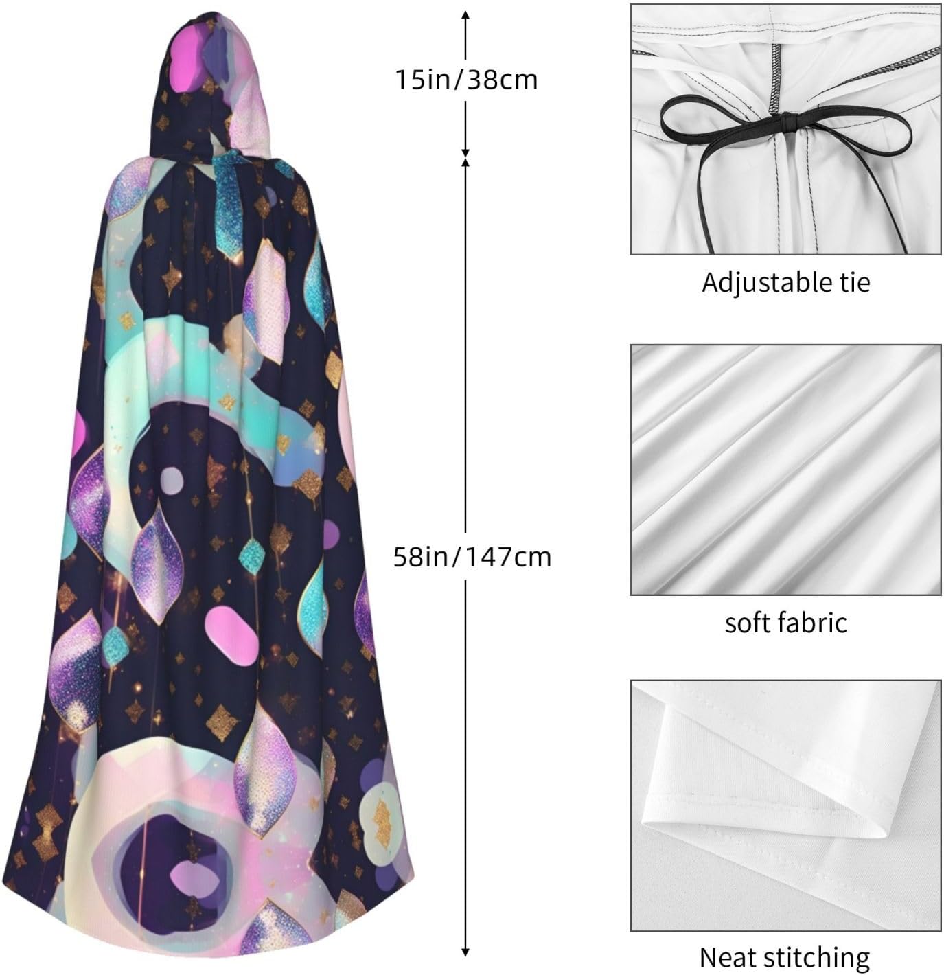 SSIMOO Glittery Pretty Pattern Enchanting Adult Hooded Cape for Halloween and Party Costumes-Fashionable Women's Robes,Capes