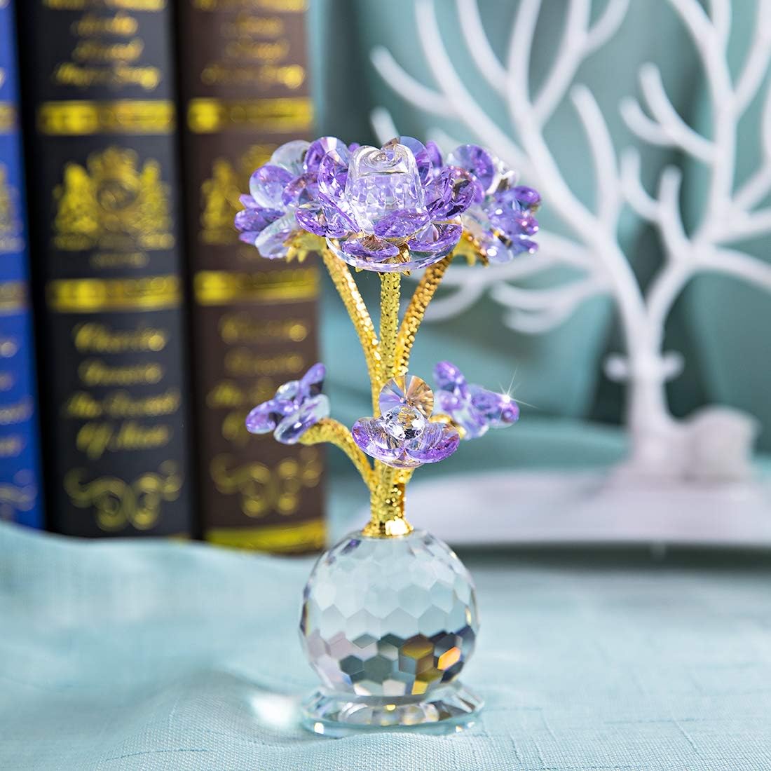 QFkris Purple Crystal Rose Flower Figurine Collectible Statue 6" Glass Flowers with Stems Ornament Home Decor for Valentines Day Thanksgiving,Christmas,Wedding,Mothers Day,Centerpiece,Gift for Women - Image 9