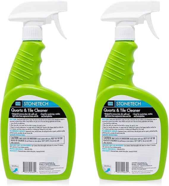 StoneTech Quartz & Tile Cleaner Spray Quartz Countertop Cleaner for Engineered Stone, Ceramic & Porcelain Removes Dirt & Spills 2-Pack, 24oz Each + 2 Microfiber Cloths Fresh Scent