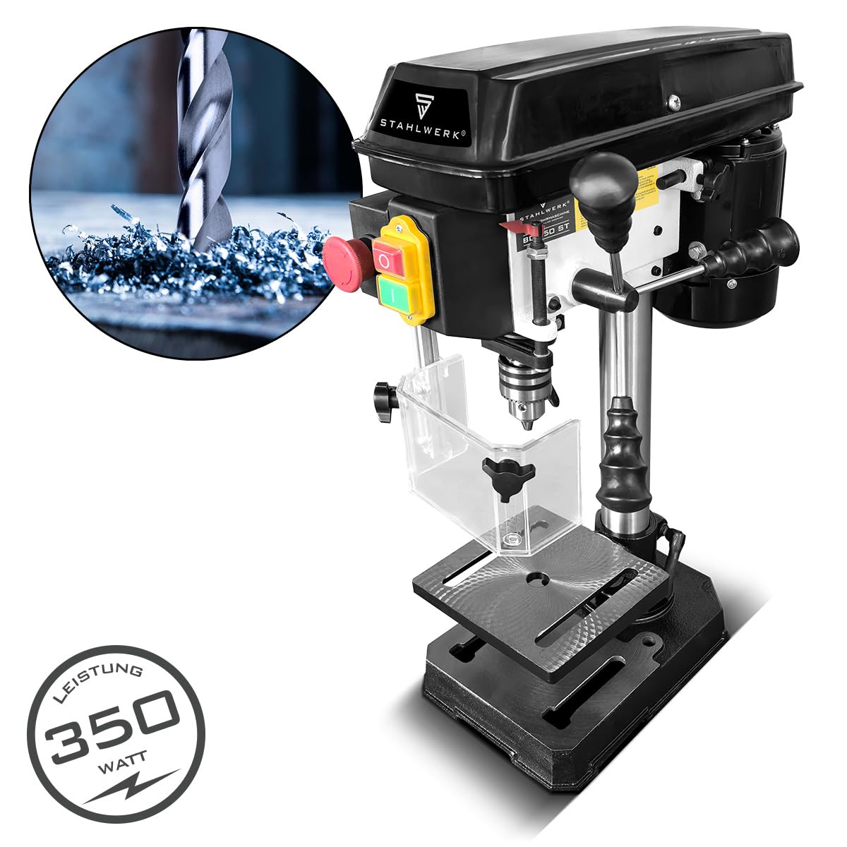 STAHLWERK Tischbohrmaschine 350 W – Bohrdurchmesser Ø 1,5-13 mm, 620-2.620 U/min, präzise Säulenbohrmaschine für Heimwerker, Metall- und Modellbau, robuster Bohrtisch, Metallfuß für stabilen Stand
