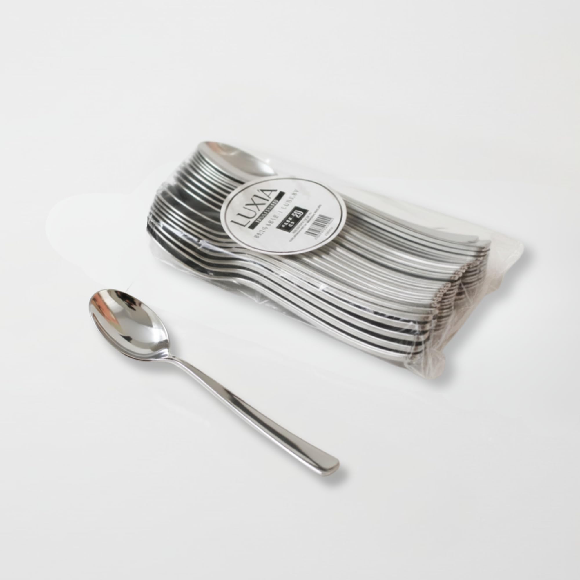 Playlearn Luxia Reusable Silver Plastic Cutlery Small Spoons, 20pcs Bulk Pack Durable Elegant Cutlery, 12.8cm Heavy Duty Dinnerware for Weddings, Catered Events(Small Spoon) — image 1