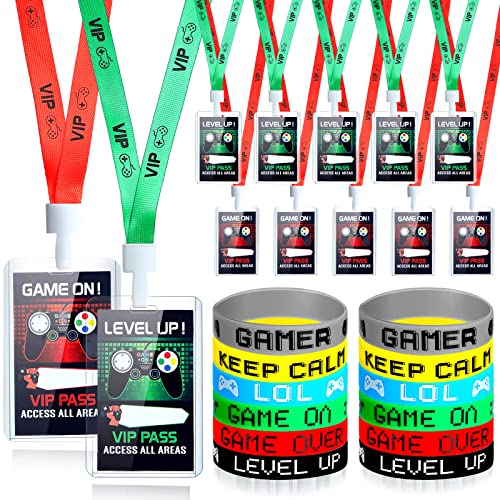 24 Pieces Video Game VIP Pass Holder Tickets Set, Gaming VIP Pass Holder Ticket with Level up Wristband Gamer Party VIP Pass Lanyards for Kids Gaming Themed Birthday Party Favors Supplies Decorations