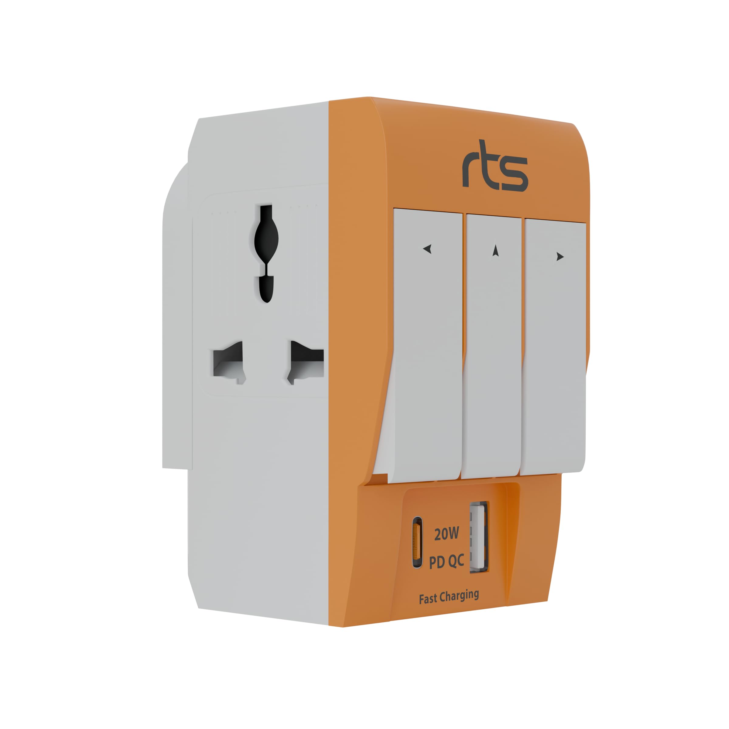 rts Type C PD and USB 3 Pin Multi Plug Socket-Worldwide Universal Travel Adapter with USB Ports & Individual Switch LED Indicator-3 Way Plug Socket (5A-250V) Type D Plug for Home Office Orange