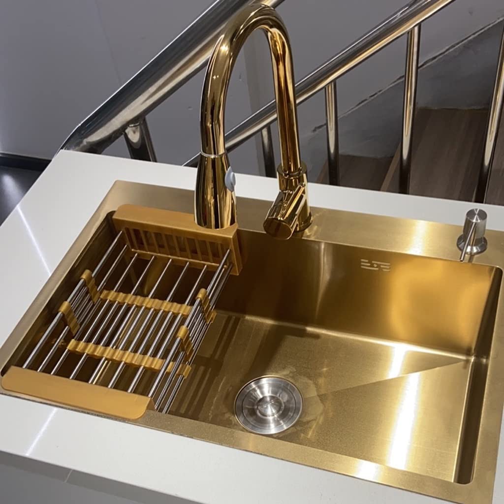 Lavello per Camper, Vasca Singola, in Acciaio Inox 304, lavello da Bar, Montaggio sopra o sottopiano, con Rubinetto Estraibile e cestello di Scarico (Oro 68 x 45 x 21 cm)