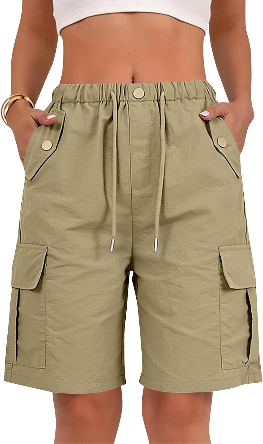 Women's Cargo Shorts Summer Bermuda Shorts with Pockets Outdoor Quick Dry | Hiking Shorts Casual Elastic Waist Drawstring Knee Length Athletic Golf Shorts Camping Travel Pants