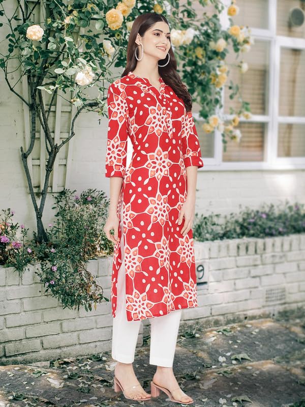 Image of Pinkmint Women Cotton Kurti ll Stright Printed Collared V Neck Kurta ll Stylish Regular Fit Kurti's (Pack of 01)