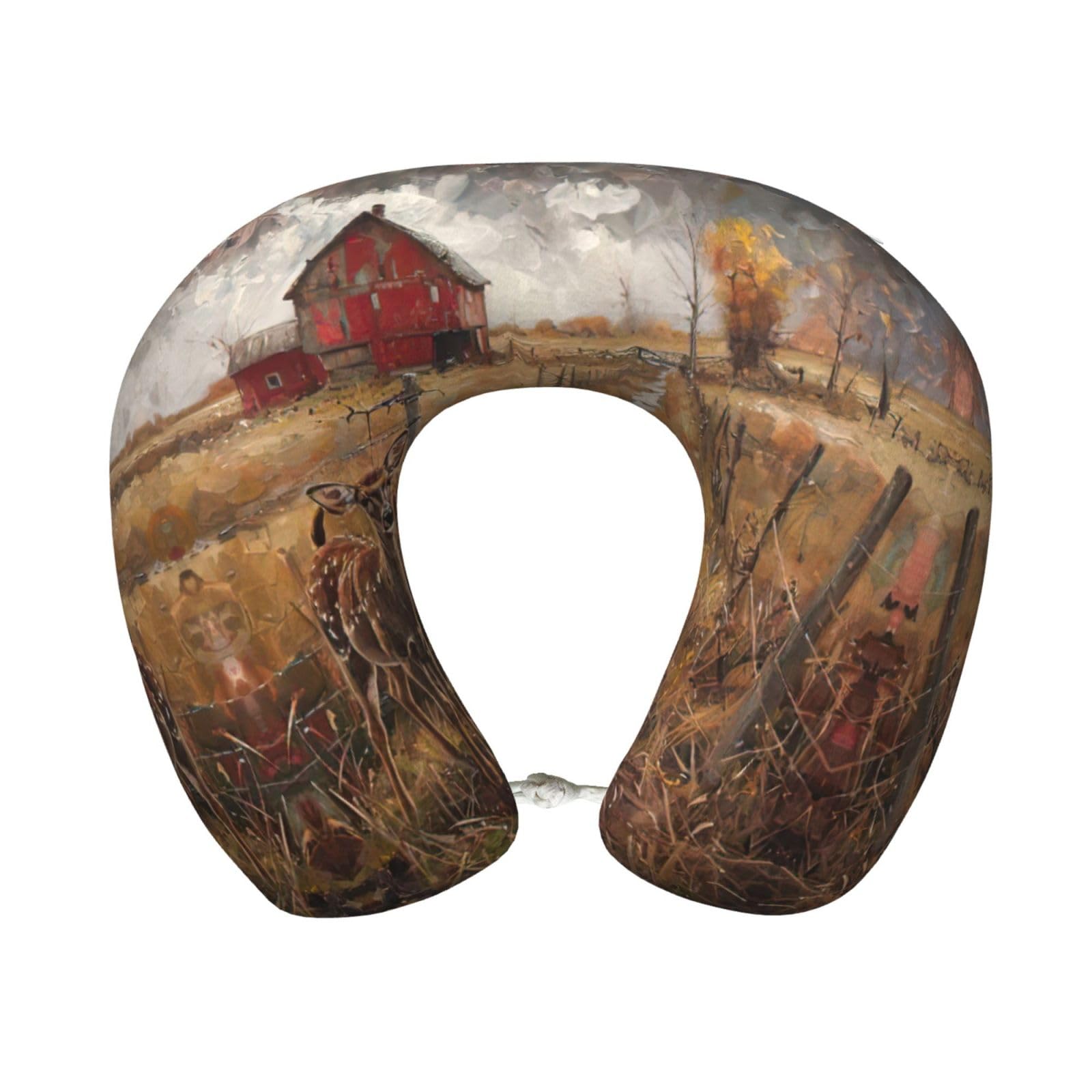 peiyeety Farm with Deer Print Custom U-Shaped Pillow,Memory Foam Cervical Neck Travel Pillow,for Home,Camping,Travelling
