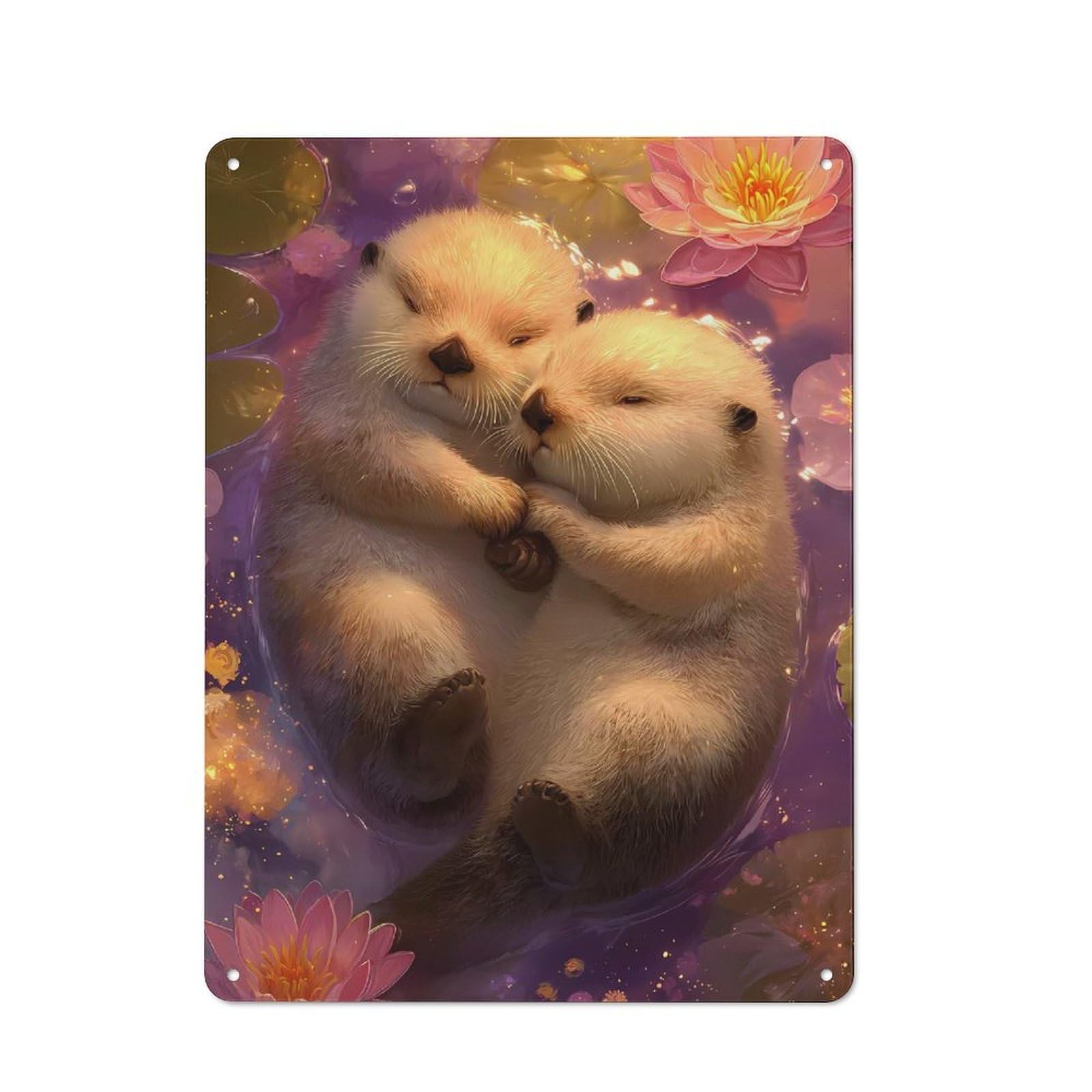 Junmoney Style-20 Understated Office Metal Sign 40X30cm Featuring Two Otters Cuddling In Water Lilies, Studio Wall Plaque For Office, Study, Studio Or Hallway