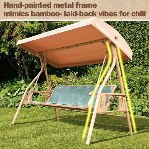Image of ZZW 3 Person Patio Swing Outdoor Swing for Adults with Adjustable Canopy &Upgraded Cup Holders Textilene Fabric Porch Swing Chair with Stand Heavy Duty 800 LBS
