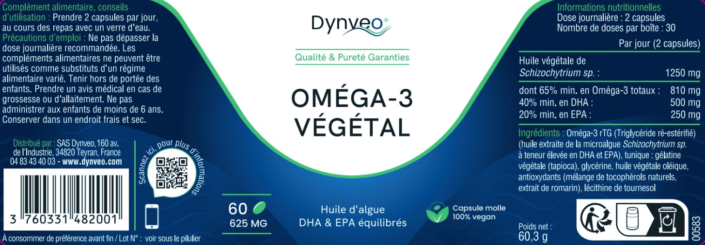 Oméga-3 végétal 625mg - Équilibré en EPA/DHA - Huile naturelle issue de microalgue Schizochytrium sp. - Alternative végétale à l'huile de poisson - Adaptée Vegan & Végétariens - 60 Capsules - Dynveo