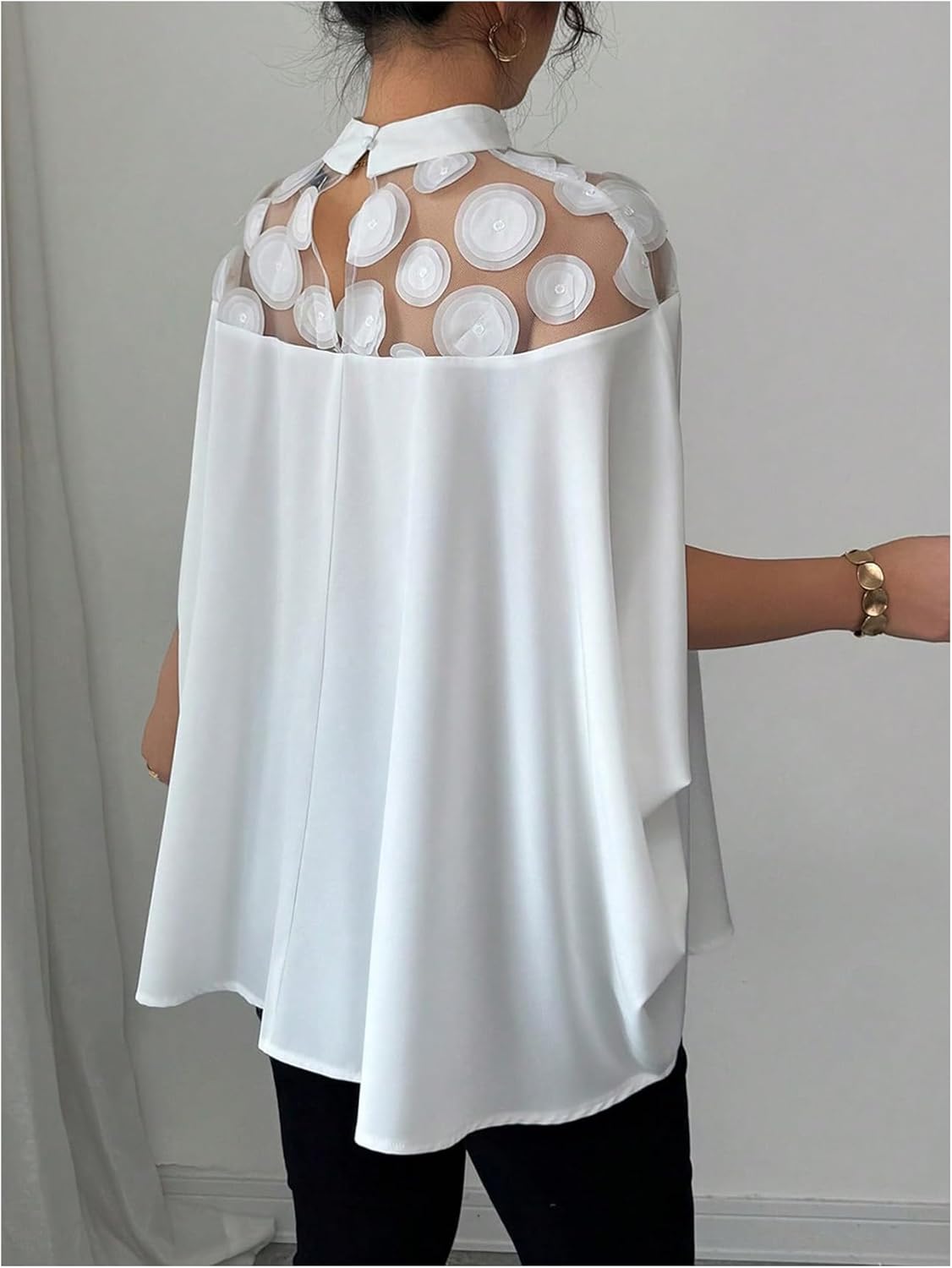 Verdusa Women's Sheer Mesh 3/4 Sleeve Slit Mock Neck Ruffle Loose Blouse Going Out Tops - Image 2