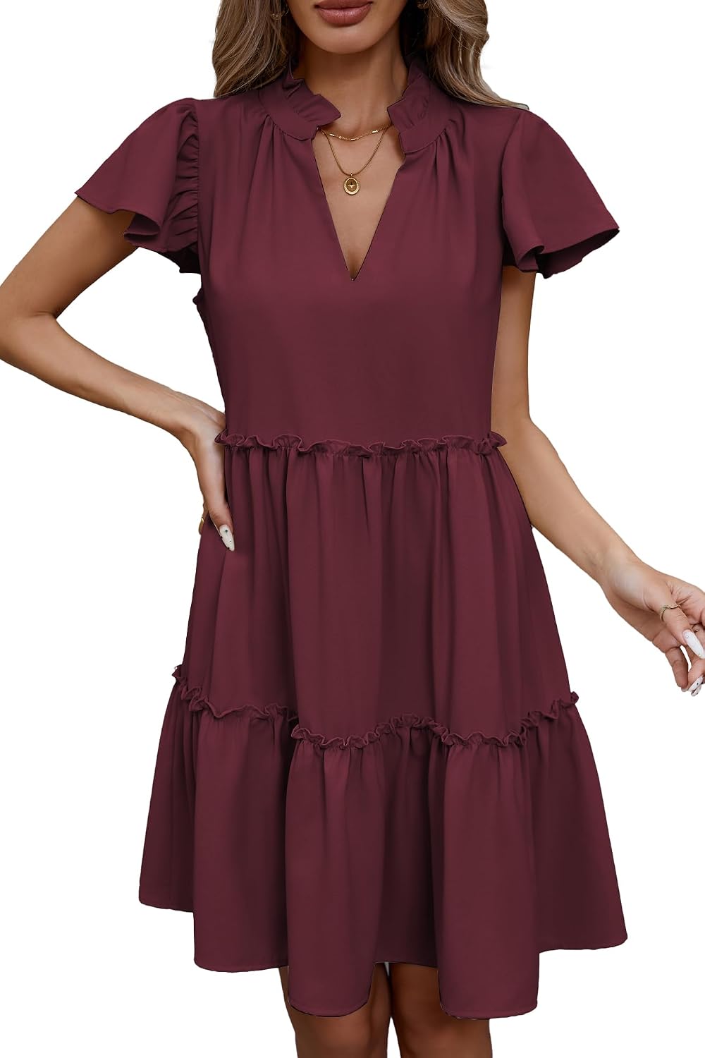 Famulily Summer Dress for Women Ruffle Cap Sleeve Pleated V Neck Dress Tiered Swing A Line Babydoll Mini Dress