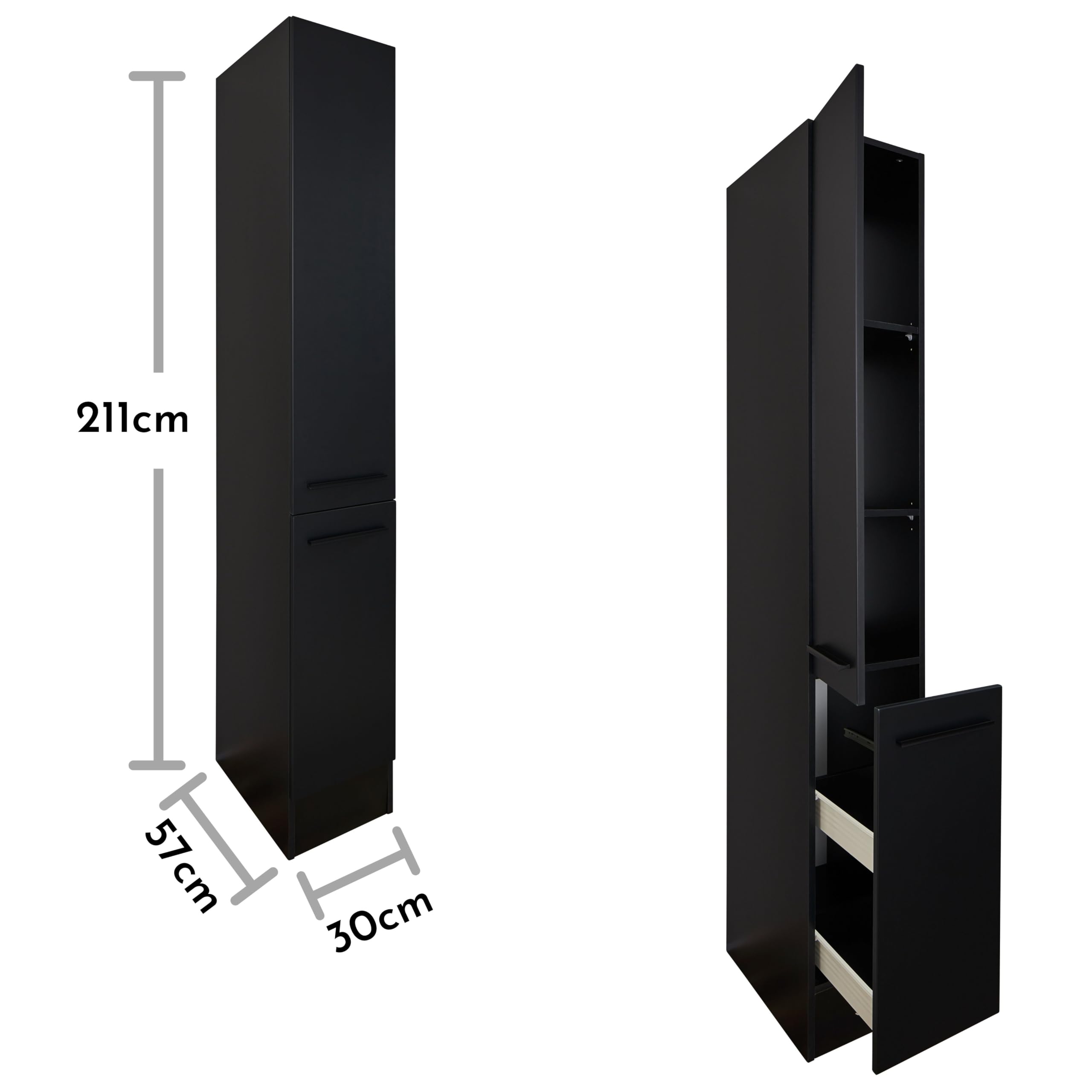 JAZZ 8 Moderner Apothekerschrank Küche in Schwarz matt - Geräumiger Hochschrank Küchenschrank mit viel Stauraum - 30 x 211 x 57 cm (B/H/T)