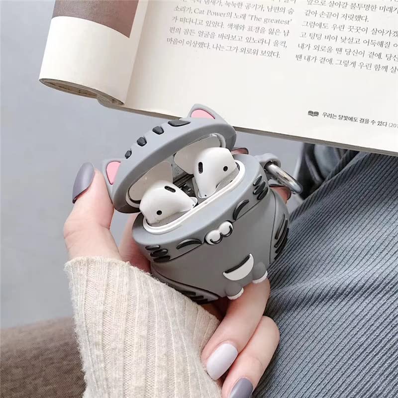 Image of Earphone Case for AirPods 4, Cute Sitting Smiling Happy Lucky Cat Case Soft TPU Silicone Case, Lovely Yellow Grey Kitty AirPods 4 Cover Protective Case Skin Shockproof Protector for Earbuds -Grey