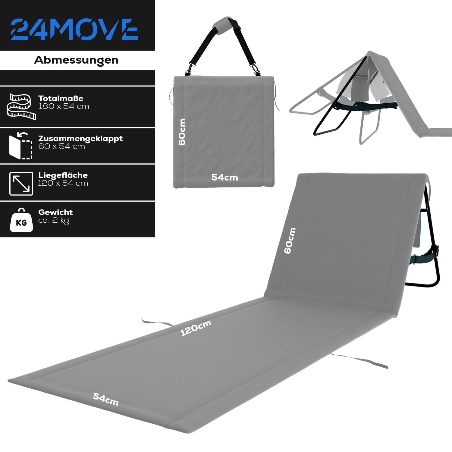 24MOVE® Strandmatte Set klappbar mit Verstellbarer Rückenlehne, Strandliege faltbar mit Schlaufen, Aufbewahrungstasche, Sonnenliege für Strand Garten, versch. Farben