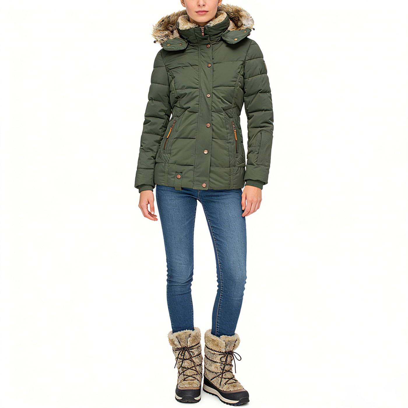 Manteau d'hiver pour femme - Veste matelassée chaude doublée avec capuche en fourrure synthétique, veste d'hiver cintrée avec fermeture éclair, long manteau à capuche pour femme, pour le
