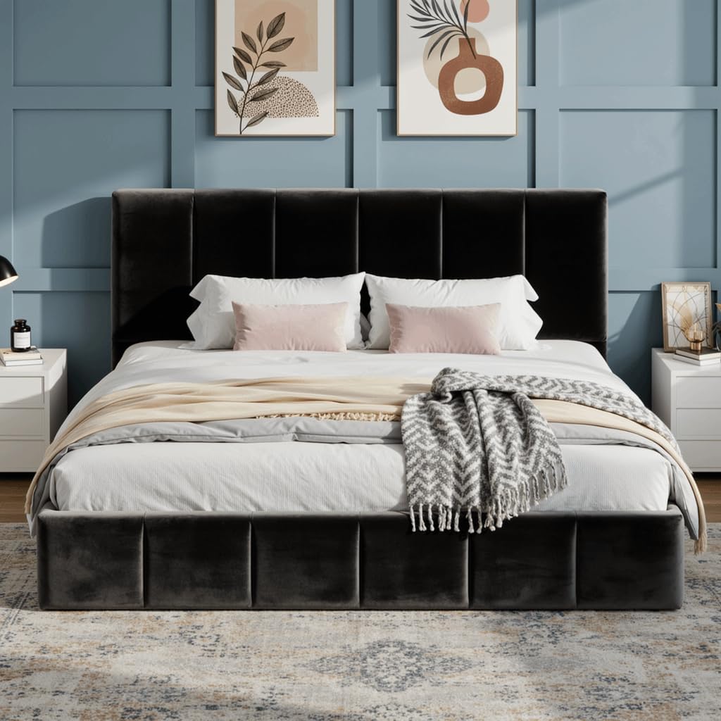 SHA CERLIN King Size Bed Frame Velvet Upholstered Platform Bed Vertical Channel Tufted Adjustable Headboard Low Profile Bed