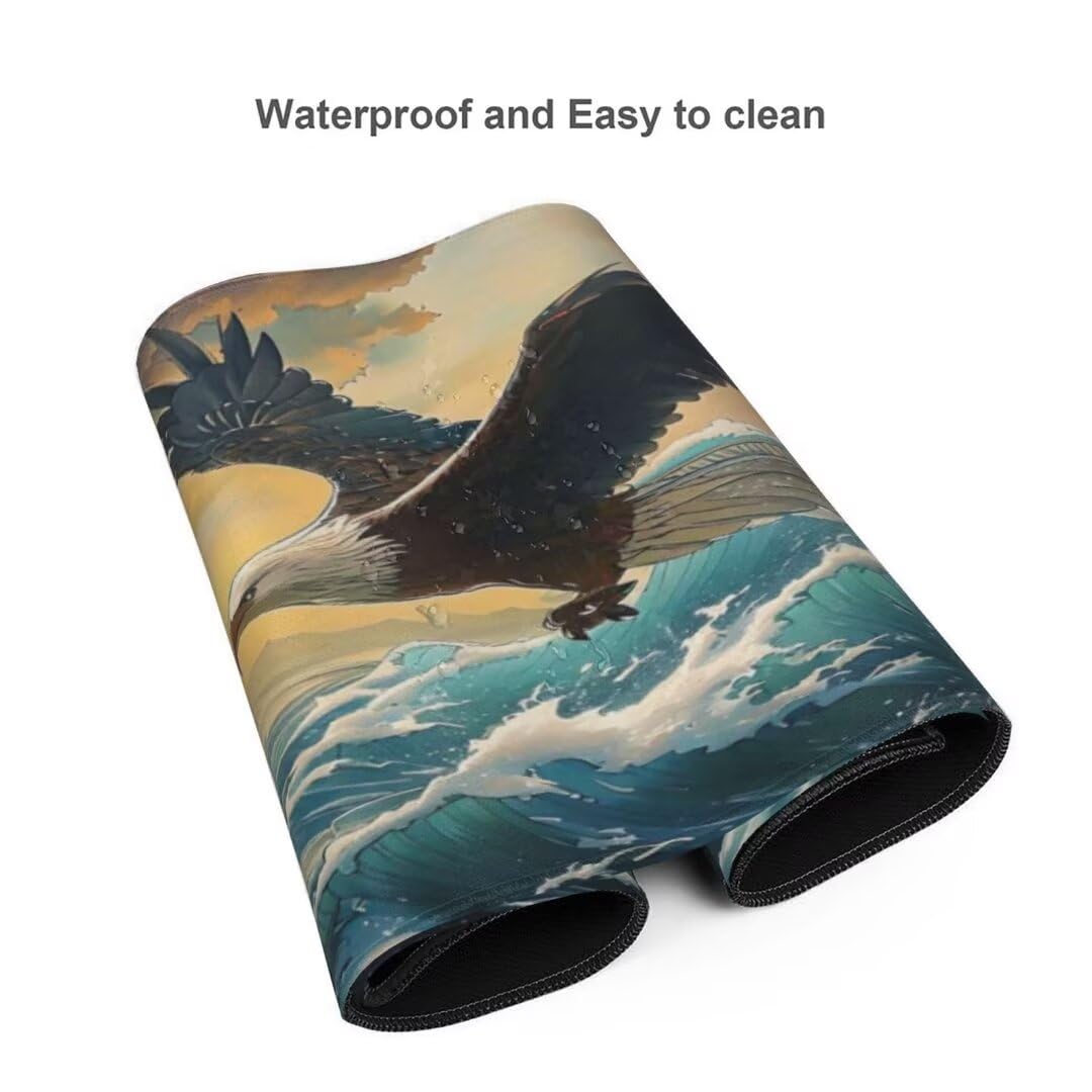 Alfombrilla de ratón 1400x600x3 MM, Alfombrilla Ratón XXL Extendida de Gran Tamaño con Bordes Cosidos, Base de Goma Antideslizante Almohadilla para Teclado, Águila de Las Olas S-4589