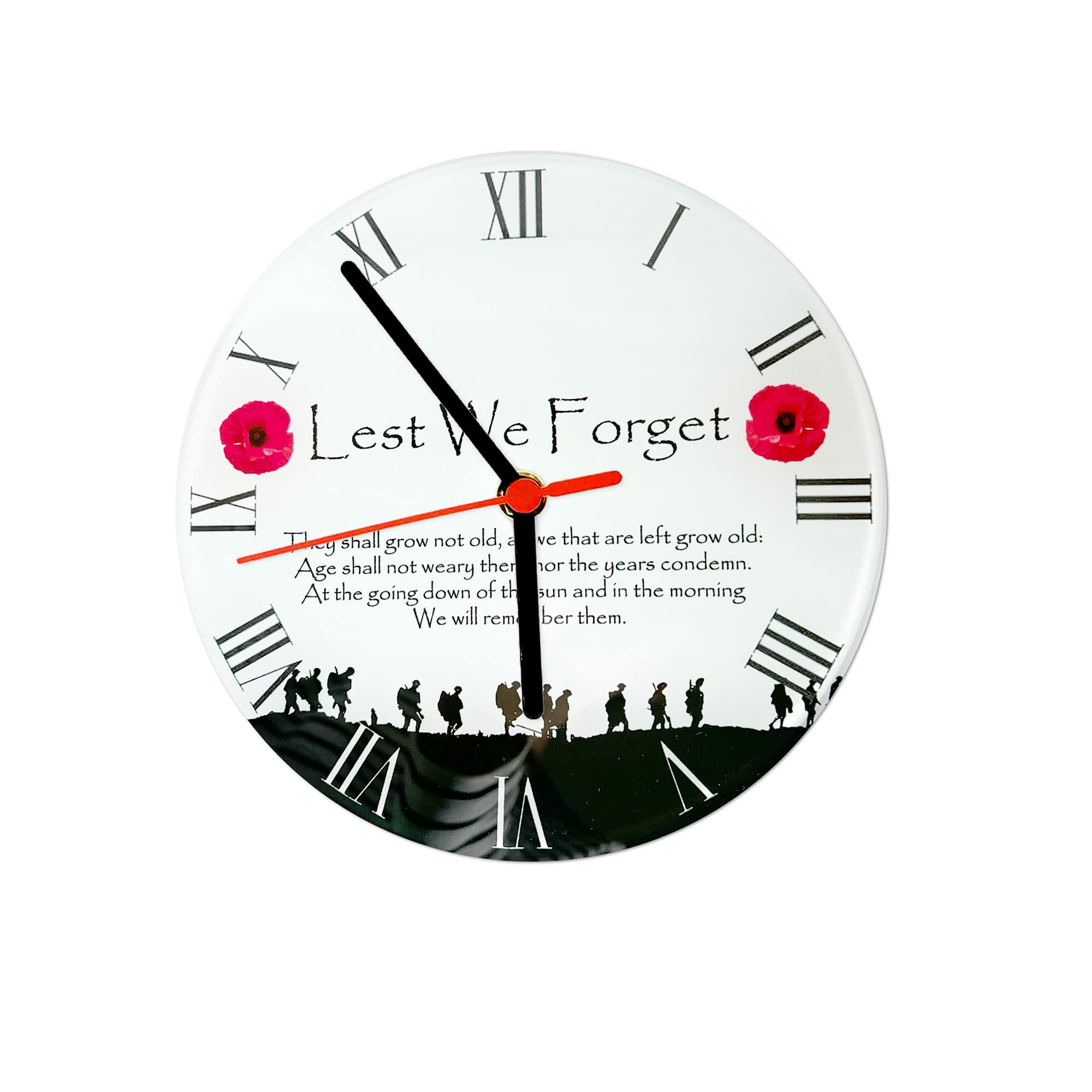 ShopQuality4U Round Glass Wall Clock 20cm (Medium) Military Poppy Lest We Forget Printed on Tempered Glass