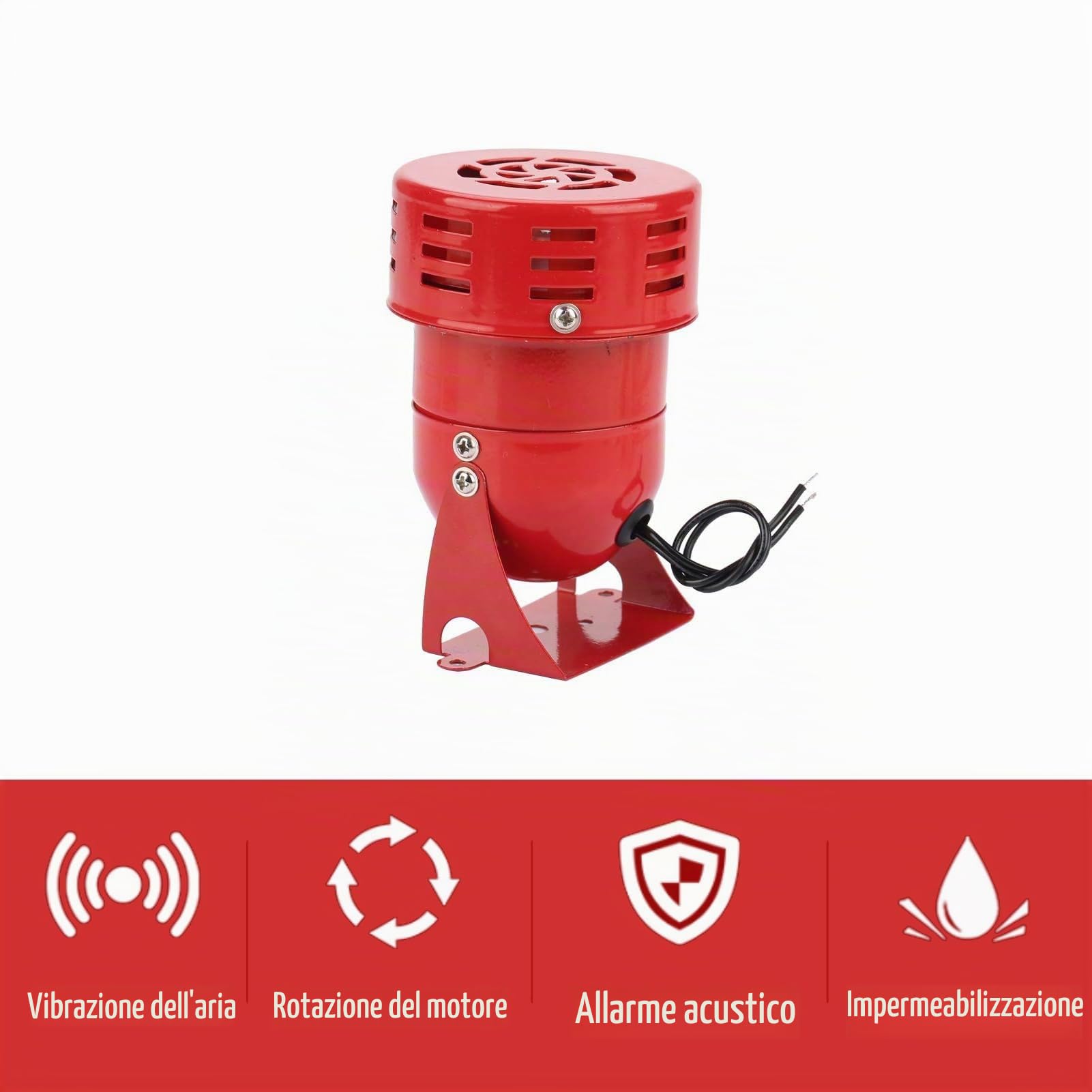 Mini Allarme Motore Rosso Sirena 220V 120DB, Protezione Elettrica Acustica Industriale in Metallo MS-190 Contro il Furto per Fabbrica, Costruzione
