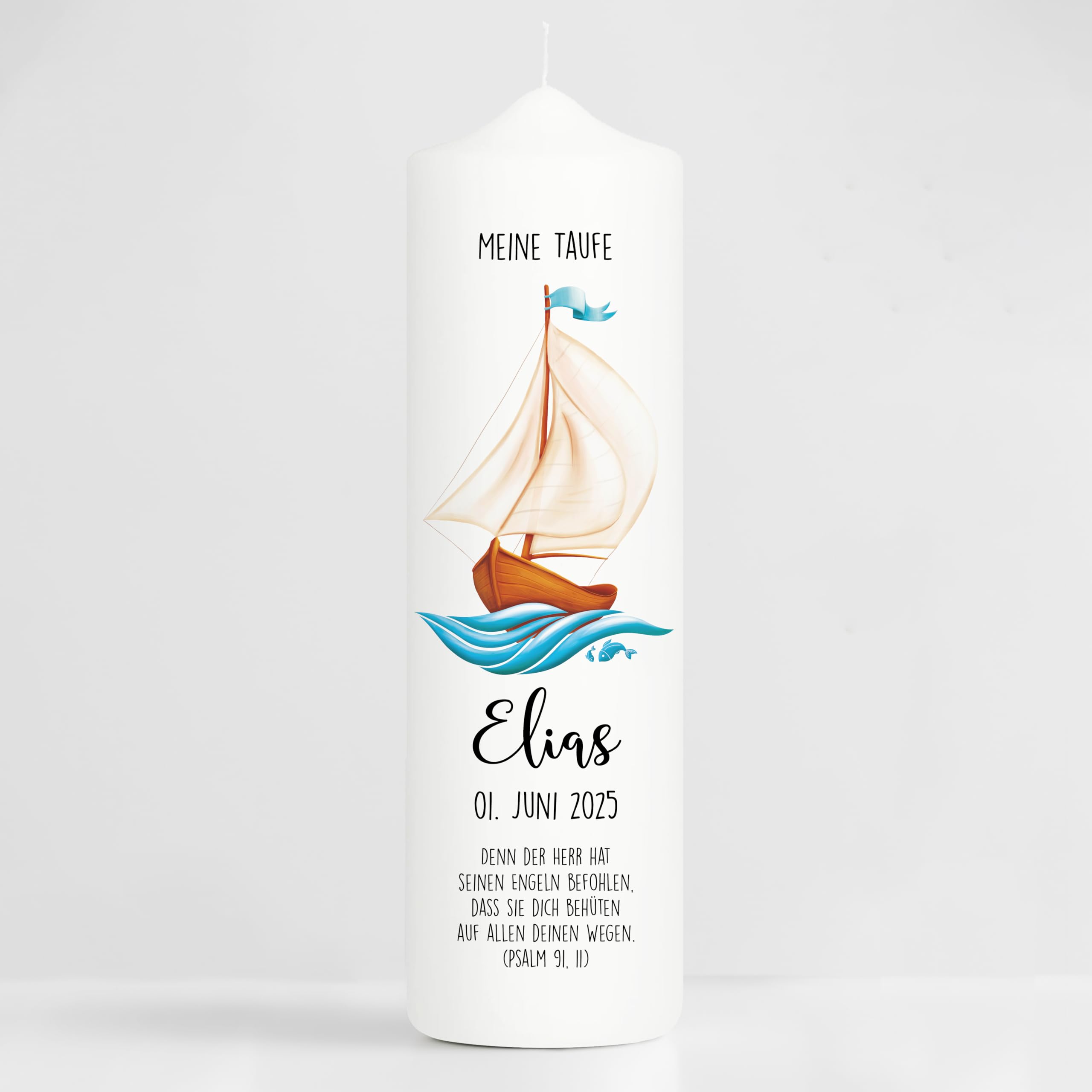 Wandtattoo Loft Taufkerze + Patenkerze Junge Motiv mit einem Boot Schiff, 25 cm x 7cm, personalisierte Kerze, bedruckte Kerze zur Taufe, Stumpenkerze, individuelles Taufgeschenk