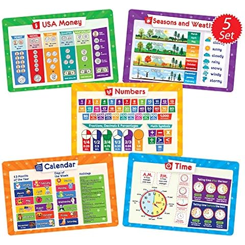 Simply Magic 5 Placemats for Kids - Kids Placemats Non Slip, Washable Reusable Toddler Placemats, Educational Placemats: Money, Numbers, Weather and Seasons, Calendar, Time, Plastic Placemats for Kids Cover