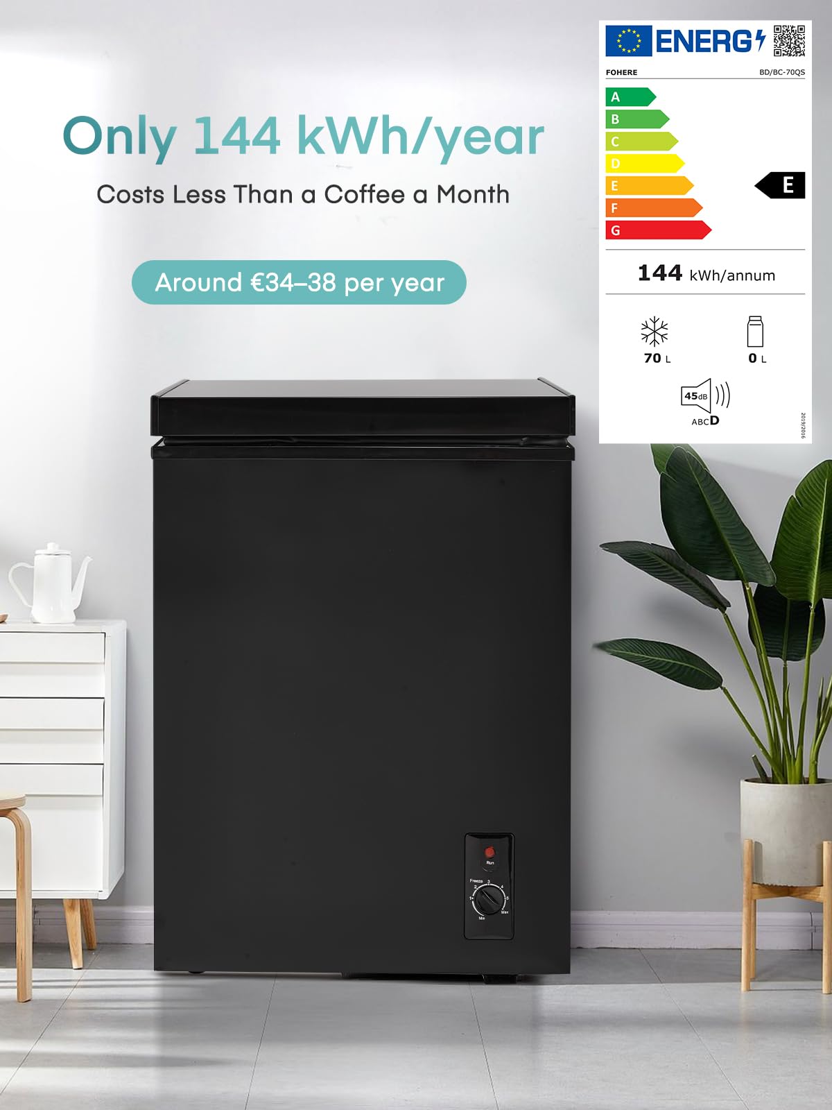 FOHERE Congelador Horizontal, Capacidad 70L, Alto 72.5 cm, Cesta con Asa, Silencioso 45 dBA, 6 Ajustes de Temperatura, Negro