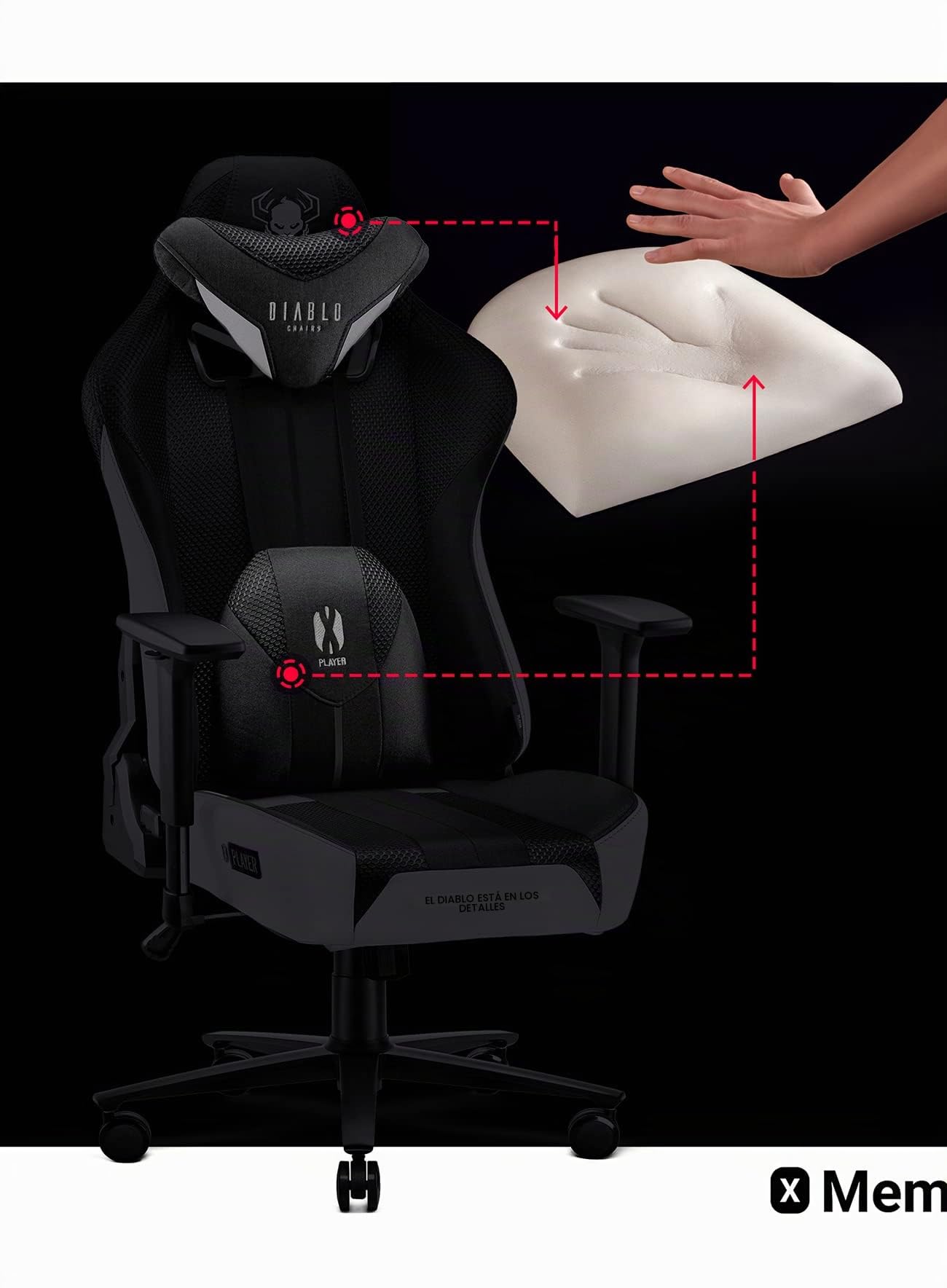 Diablo Silla Gaming Tela X-Player 2.0 - Silla Gamer con Reposabrazos 3D - Cojín Cervical/Lumbar Función de Balanceo - Silla de Oficina 160 kg - Cadeira Gaming Ergonómica - King (XL)