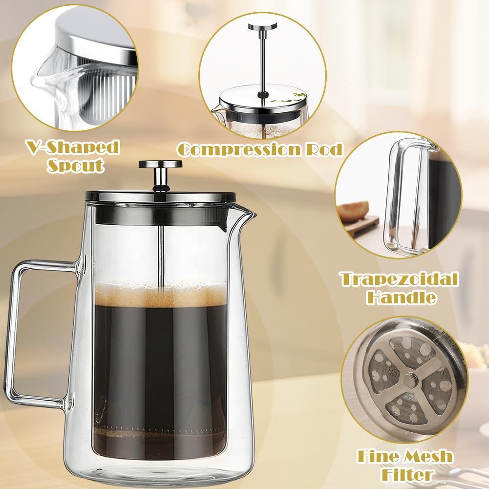 FARYODI Pressa da caffè French Press 1 litro, in vetro con filtro permanente in acciaio inox, design a doppia parete, lavabile in lavastoviglie, resistente al calore per caffè e tè
