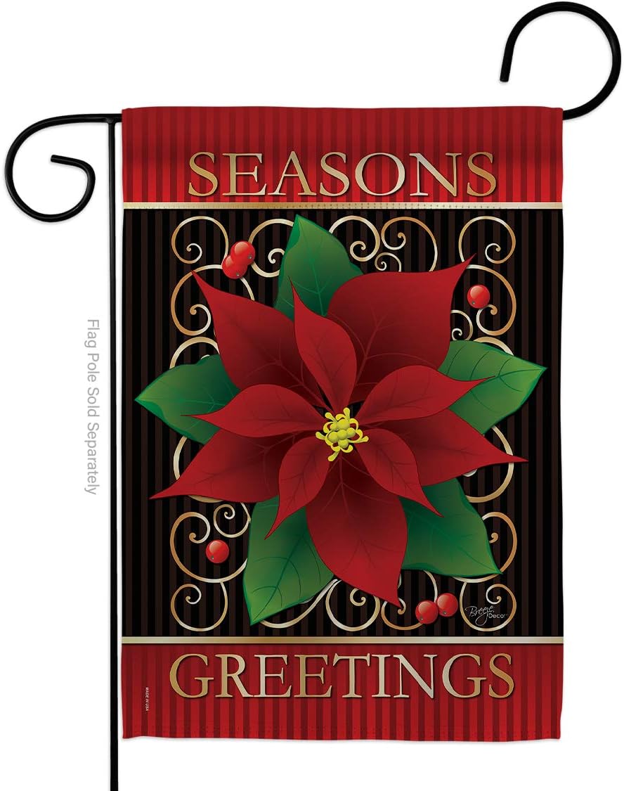 Seasons Greetings Poinsettia Garden Flag Set with Stand Winter Santa Marry Xmas Present Reindeer Season Wintertime Snow Small Decorative Gift Yard House Banner Double-Sided Made In USA 13 X 18.5