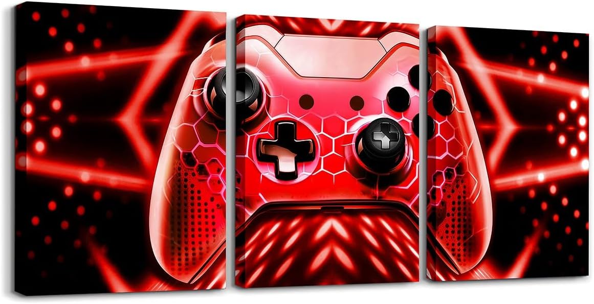 Feelyou 3pcs Kids Gamer Wall Paintings Gaming Canvas Wall Art for Living Room Bedroom Boys Girls Red Black Geometric Game Controller Posters Pictures Bathroom Wall Decor Game Artwork