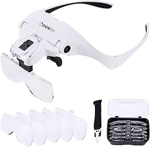 Headband Magnifier With 2 LED Light,Handsfree Headset Loupe Head Mounted Magnifying Glasses 4 Detachable Lenses Reading Electronic Repair Jewelry S Illumi - View #7