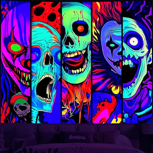 Atrippy Blacklight Halloween Horror Wall Decor Tapestry for Bedroom UV Reactive Skull Skeleton Tapestries Black Light Gothic Face Neon Aesthetic Wall Hanging for Dorm Living Room 51x60 Inches