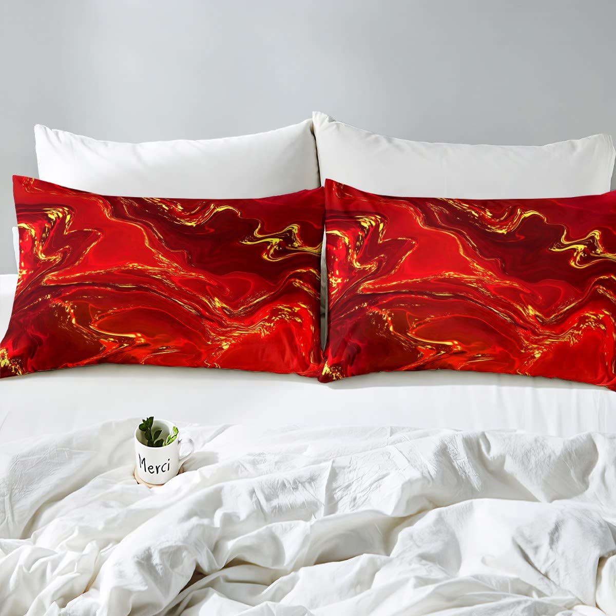Red Marble Duvet Cover Set Double Size, Luxurious Red Gold Marbling Comforter Cover with 2 Pillowcases - Image 4