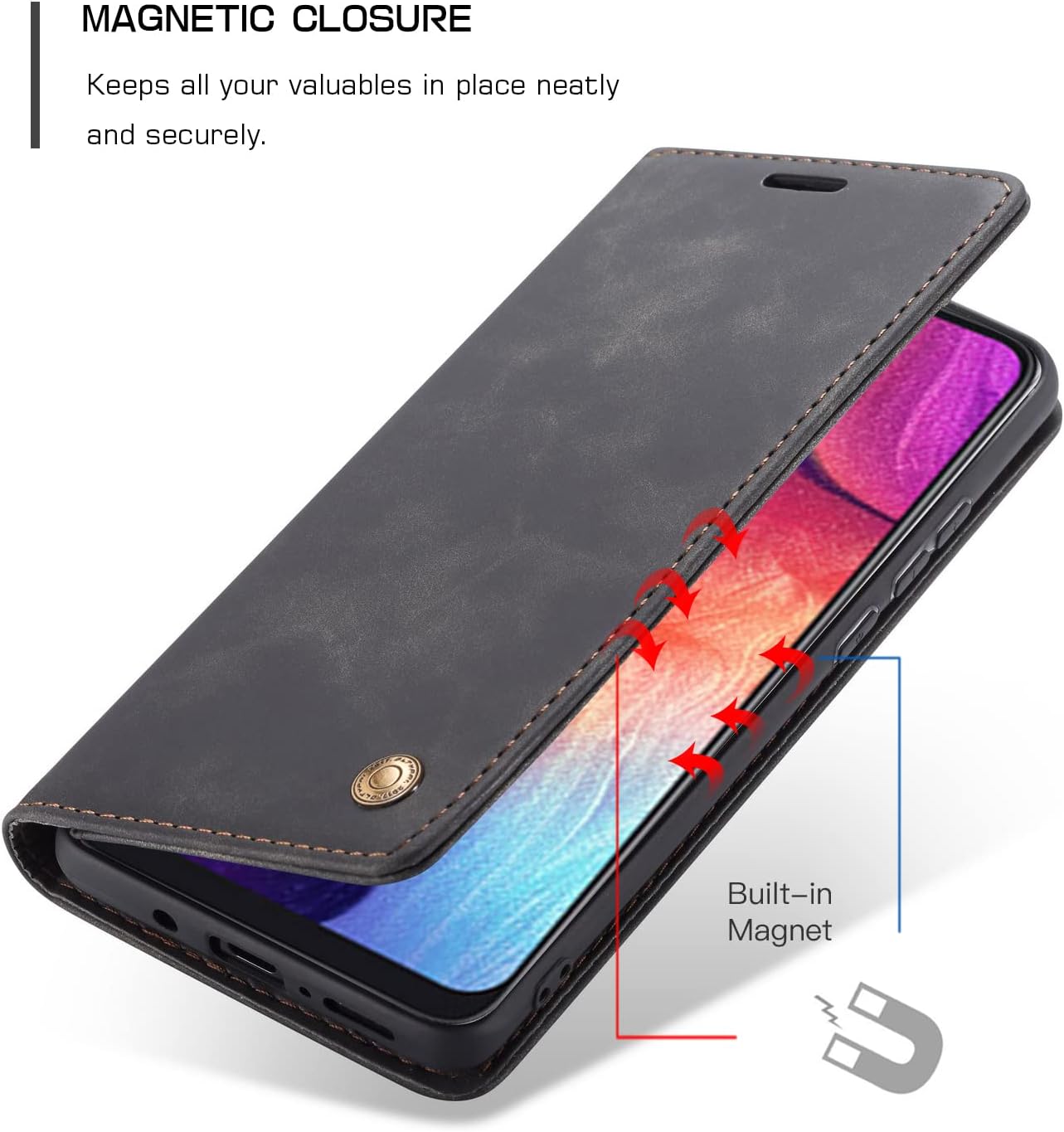 QLTYPRI Samsung Galaxy A50 case A50S A30S Case Vintage PU Leather Wallet Case TPU Bumper [Card Slots] [Hands-Free Kickstand] [Magnetic Closure] Shockproof Flip Folio Case for Galaxy A50 - Black