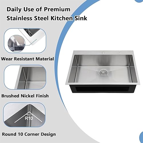 Miniatura 5 de VAPSINT Fregadero de cocina de 28 x 18 pulgadas, fregadero de cocina comercial de acero inoxidable calibre 16 con rejilla y drenaje de 9 pulgadas de