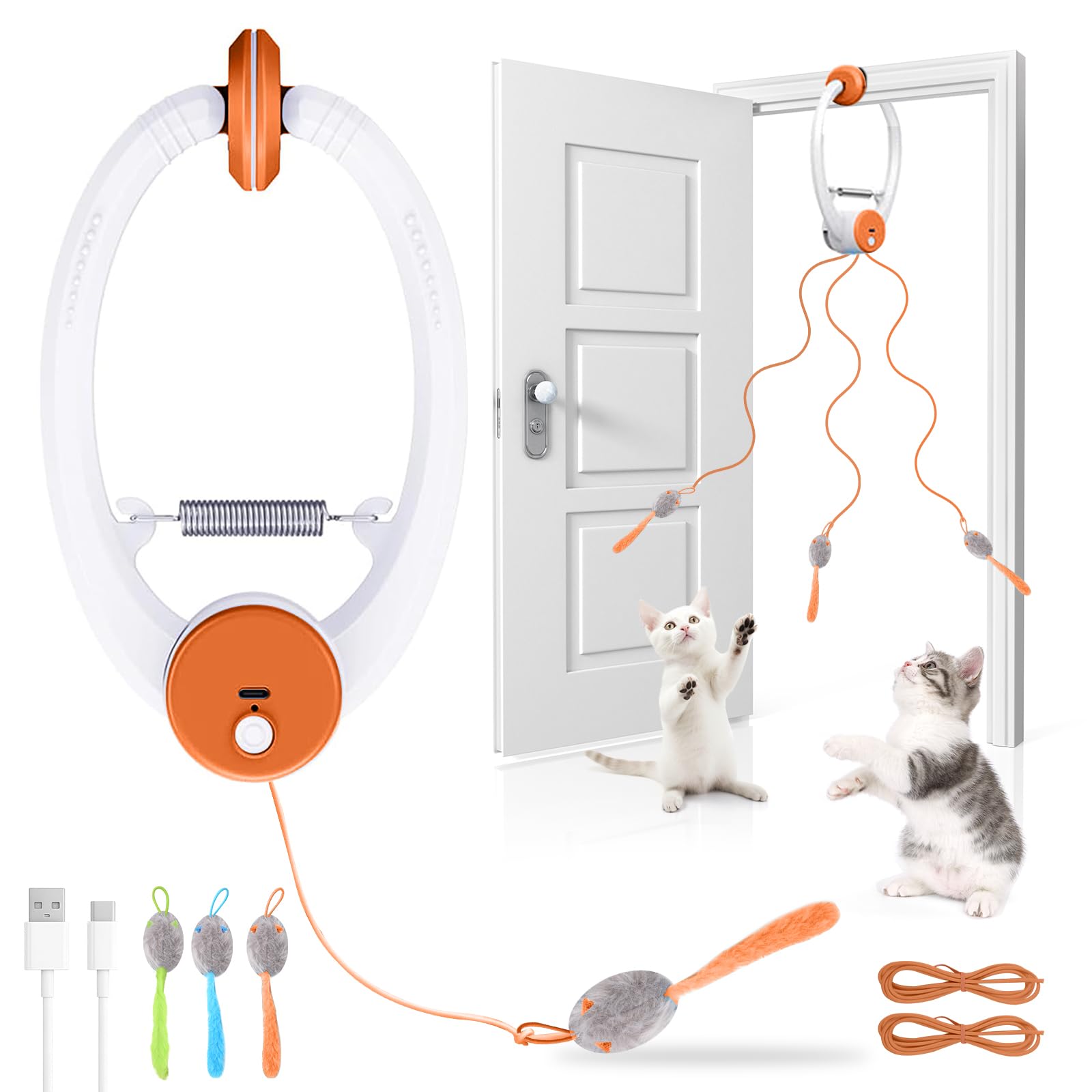 Wortade Interaktives Katzenspielzeug, wiederaufladbar, Federspielzeug für Indoor-Katze, hängendes einziehbares Teaser-Spielzeug, automatisches Kätzchen-Spieljagd, Übungsspielzeug mit drei Plüschmaus